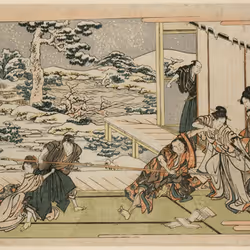 "Kyu-danme (Act IX), House of Oboshi Yuranosuke, Rikiya and Ishi thrusting at Kakogawa Honzo, restrained by Konami, from the series The Forty-seven Loyal Retainers"