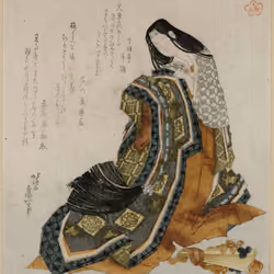 "Poetess in court costume standing"