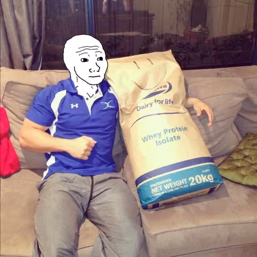 wojak sitting with 20kg protein bag