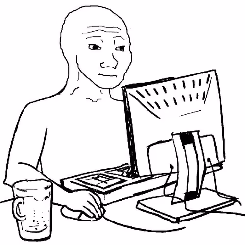wojak on computer drinking beer