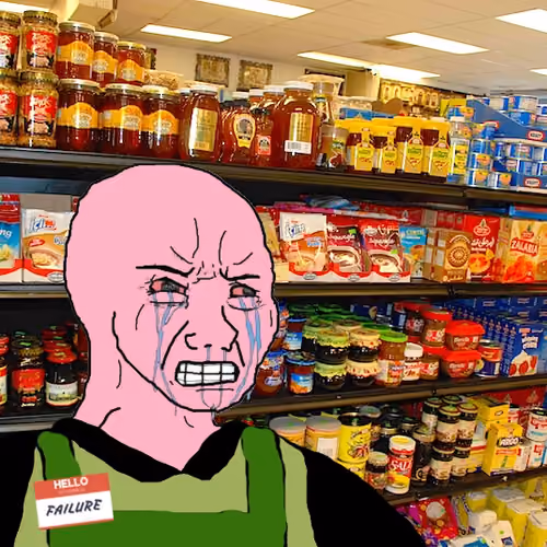 pink wojak stocking shelves