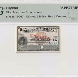 1880s Hawaii $3 Hawaiian Government Bond Coupon "SPECIMEN"