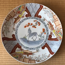 #0028/Old Imari _ color picture _ dog picture with autumn leaves and deer _ large plate