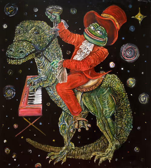 Pepe Riding a T Rex In Space