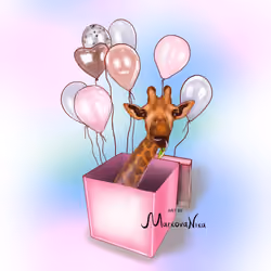 Giraffe in a box with balloons