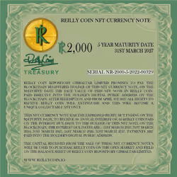 Serial nr 2000-5-2022-00329  Reilly Coin NFT Currency Note - R 2,000 - 3% Interest - 5 Year Maturity