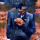 Successful black man wearing a suit eating fancy chicken on Mars in the rain in Wisconsin S7 gAn 4
