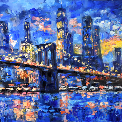 Brooklyn Bridge Painting New York Night Artwork Urban Landscape