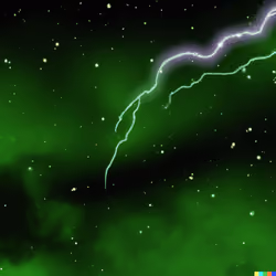Green Lightning striking through the sky with stars in the background