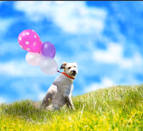 Happy dog with balloon.