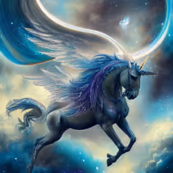 Magnificient blue unicorn flying through the stars