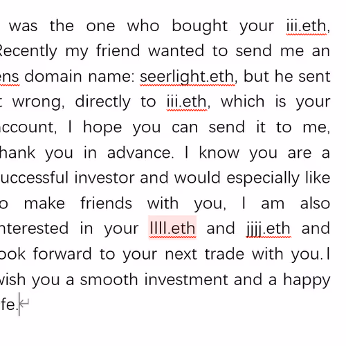 A letter from the person who purchased your iii.eth to you.