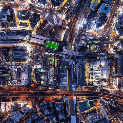 City at dusk. Aerial photograph