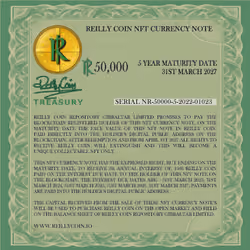 Serial nr 50000-5-2022-01023  Reilly Coin NFT Currency Note - R 50,000 - 3% Interest - 5 Year Maturi