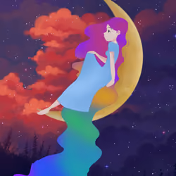 Celestial Whispers: The Rainbow-haired Goddess on the Crescent Moon