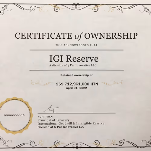 IGI Reserve Certificate of Ownership