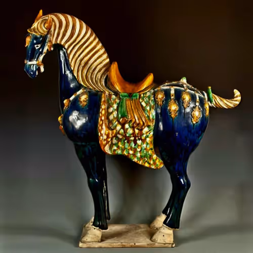 唐三彩 藍釉立馬 Tang Sancai Blue Glazed standing horse H.95cm  L.90cm