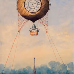 Illustration of captive balloon with clock face and bell, hovering above Paris, France with Eiffel T