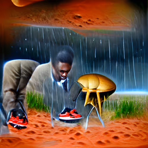 Black man in wisconsin wearing nice shoes typing words on coumputer on Mars in the rain gan 1 no sea