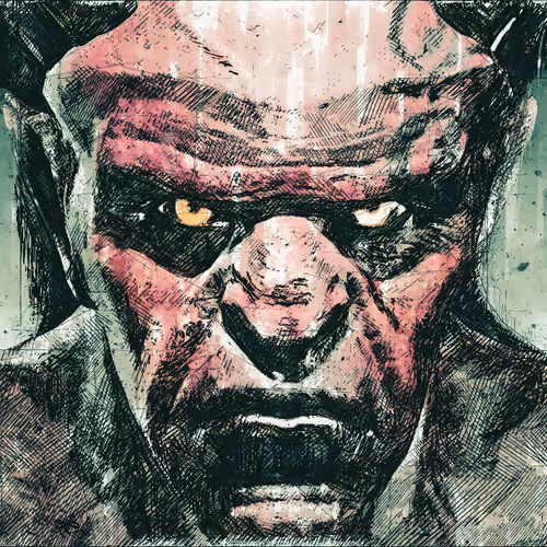Yrbamifus #00 S - Scary, terrible powerful demon, devil, imp, monster with twisted horns, luminous e