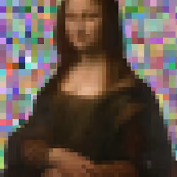 Pixelated Mona Lisa with Multi Colored Pixel Sq BG