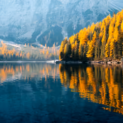 Autumn morning at the Lagos di braies, Italy.