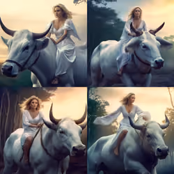 mom rides a white bull