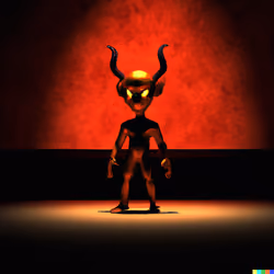 A 3d render of a demon standing in a dark red room