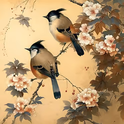 Duet of Beauty: Two Birds Amidst Blooming Flowers