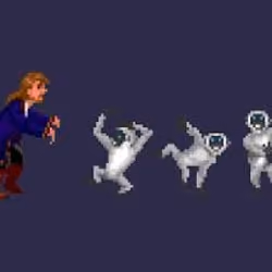 Guybrush with the dancing monkeys