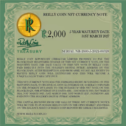 Serial nr 2000-5-2022-00328  Reilly Coin NFT Currency Note - R 2,000 - 3% Interest - 5 Year Maturity