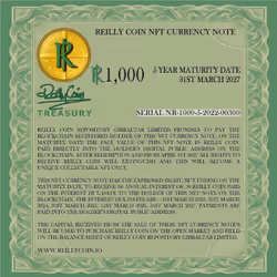 Serial nr 1000-5-2022-00300  Reilly Coin NFT Currency Note - R 1,000 - 3% Interest - 5 Year Maturity