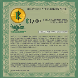 Serial nr 1000-5-2022-00298  Reilly Coin NFT Currency Note - R 1,000 - 3% Interest - 5 Year Maturity