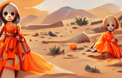 Dolls in orange dress in desert
