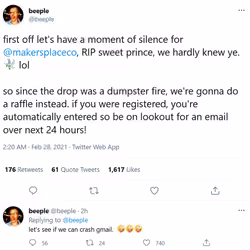 Beeple's response tweet to nuking Makersplace.com down with the drop of THE 5000 DAY SELECTS #EVERYD