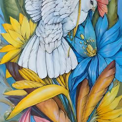 Dove bird and her flowers.