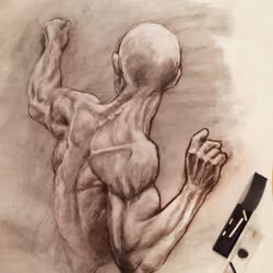 Chalk / sanguine study of a man throwing a stone