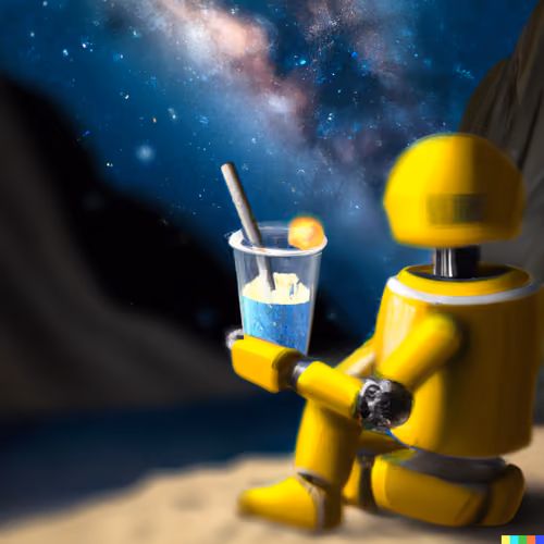 Vermeer: a robot in blue and yellow on a lonley planet watching the stars with a drink