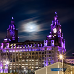 The Royal Liver Building in Liverpool shines different colours throughout the night