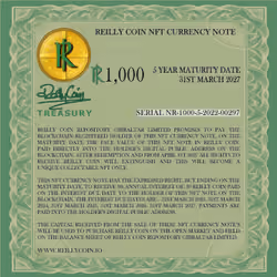Serial nr 1000-5-2022-00297  Reilly Coin NFT Currency Note - R 1,000 - 3% Interest - 5 Year Maturity