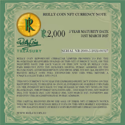 Serial nr 2000-5-2022-00327  Reilly Coin NFT Currency Note - R 2,000 - 3% Interest - 5 Year Maturity