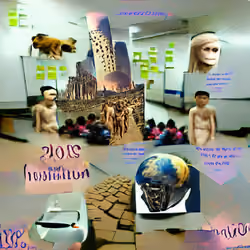 School work of the alien student from planet GJ 3323 b. Collage about humans