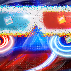 Three D in blues and reds