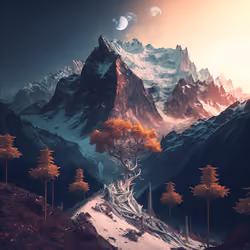 Snowy Mountains and Sunset Trees