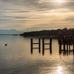 Large Panorama with a fit man and an amazing winter afternoon landscape by the lake