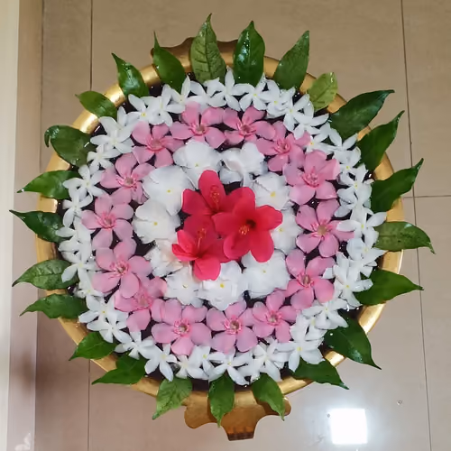 Red Hibiscus covered with Orchids and Jasmine 