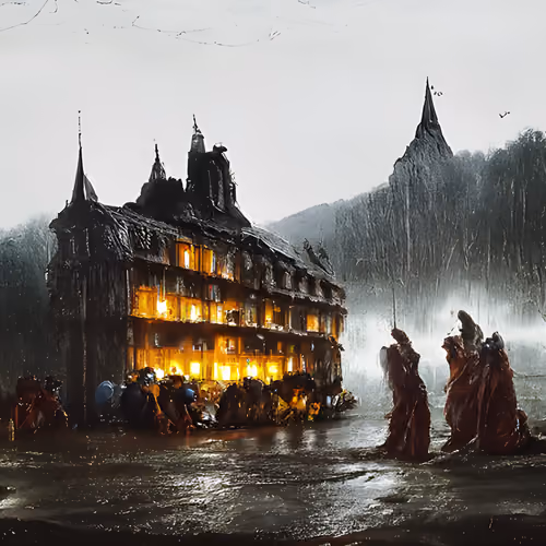 A mysterious hotel on a rainy night