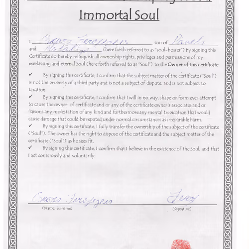 Certificate of ownership rights of a immortal soul