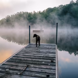 Calm dog in the fog