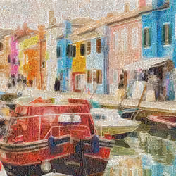 illustration of red boat in Burano Island in Italy.